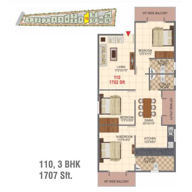 Floor plan of 3 BHK 1707 Sq. Ft. Apartment in Sumuk Square, Bangalore