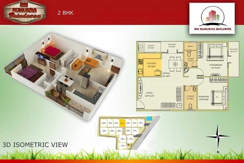 Floor plan of 2 BHK 1205 Sq. Ft. Apartment in Sumukha Brindavan, Bangalore