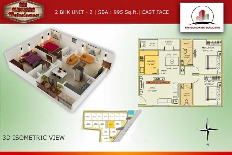 Floor plan of 2 BHK 995 Sq. Ft. Apartment in Sumukha Brindavan, Bangalore
