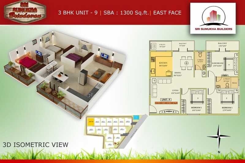 Floor plan of 3 BHK 1300 Sq. Ft. Apartment in Sumukha Brindavan, Bangalore