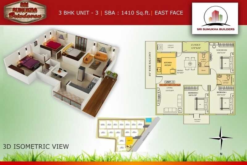 Floor plan of 3 BHK 1410 Sq. Ft. Apartment in Sumukha Brindavan, Bangalore