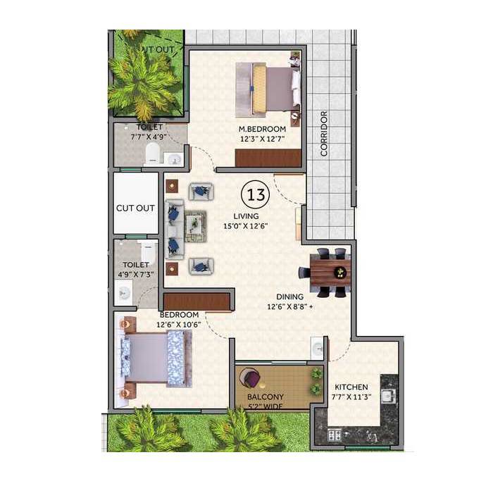 Floor plan of 2 BHK 1147 Sq. Ft. Apartment in Sumukha Silverstone, Bangalore