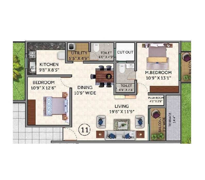 Floor plan of 2 BHK 1216 Sq. Ft. Apartment in Sumukha Silverstone, Bangalore