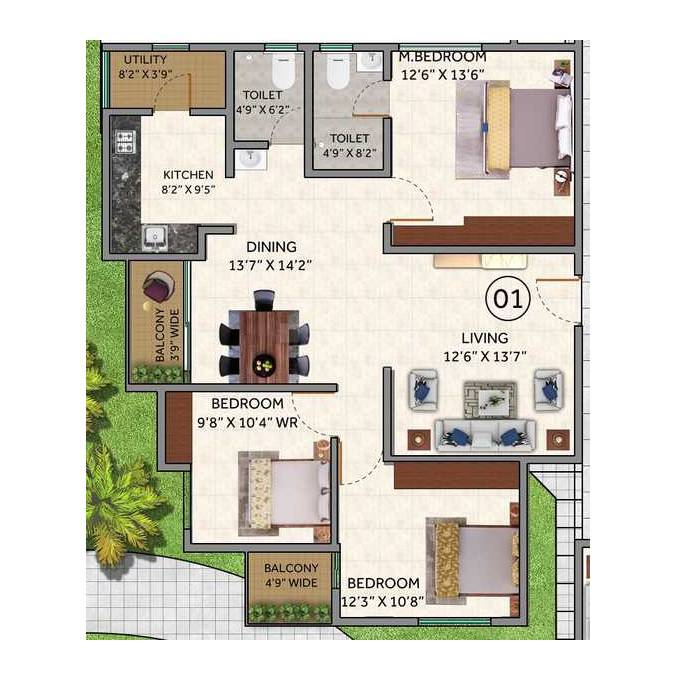 Floor plan of 3 BHK 1426 Sq. Ft. Apartment in Sumukha Silverstone, Bangalore