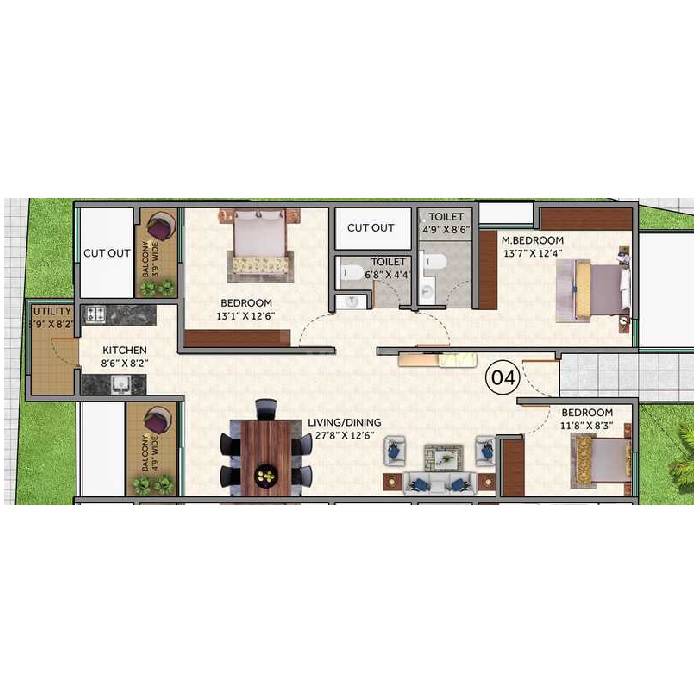 Floor plan of 3 BHK 1544 Sq. Ft. Apartment in Sumukha Silverstone, Bangalore