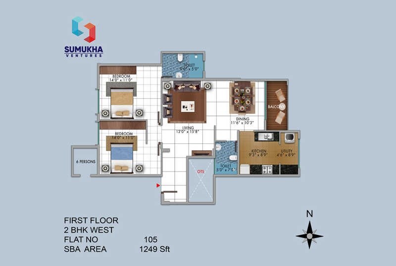 Floor plan of 2 BHK 1249 Sq. Ft. Apartment in Sumukha Vriddhi, Bangalore