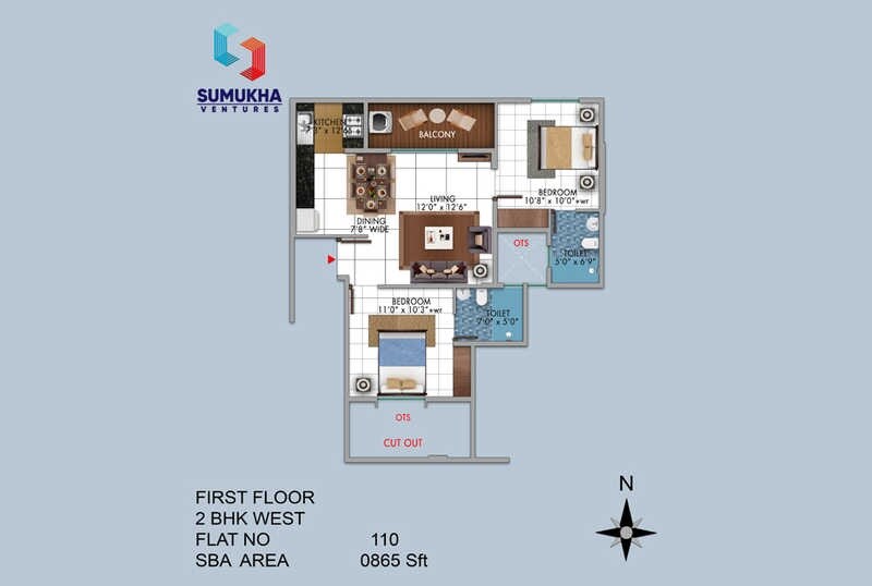 Floor plan of 2 BHK 865 Sq. Ft. Apartment in Sumukha Vriddhi, Bangalore