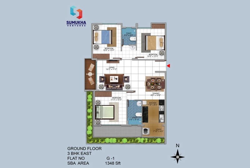 Floor plan of 3 BHK 1348 Sq. Ft. Apartment in Sumukha Vriddhi, Bangalore