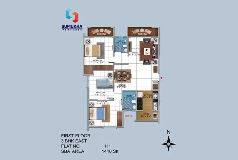 Floor plan of 3 BHK 1410 Sq. Ft. Apartment in Sumukha Vriddhi, Bangalore