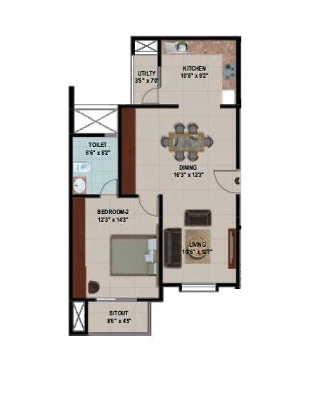 Floor plan of 1 BHK 964 Sq. Ft. Apartment in Suncity Gloria Apartments, Bangalore