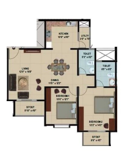 Floor plan of 2 BHK 1170 Sq. Ft. Apartment in Suncity Gloria Apartments, Bangalore