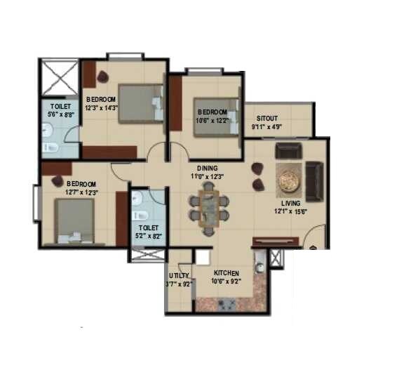 Floor plan of 3 BHK 1462 Sq. Ft. Apartment in Suncity Gloria Apartments, Bangalore
