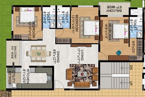 Floor plan of 3 BHK 1750 Sq. Ft. Apartment in Sunland Assara, Bangalore
