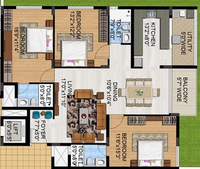 Floor plan of 3 BHK 2150 Sq. Ft. Apartment in Sunland Assara, Bangalore