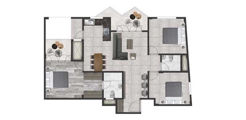 Floor plan of 3 BHK 1628 Sq. Ft. Apartment in Sunset Boulevard, Bangalore