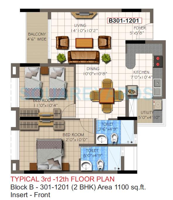 Floor plan of 2 BHK 1100 Sq. Ft. Apartment in Supertech Micasa, Bangalore