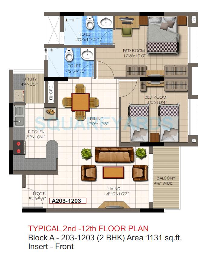 Floor plan of 2 BHK 1131 Sq. Ft. Apartment in Supertech Micasa, Bangalore