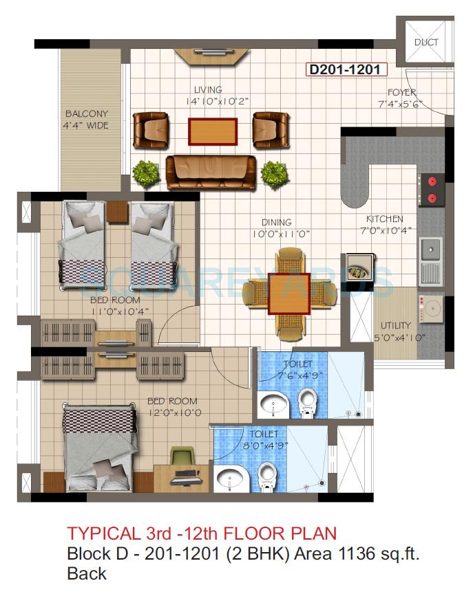 Floor plan of 2 BHK 1136 Sq. Ft. Apartment in Supertech Micasa, Bangalore
