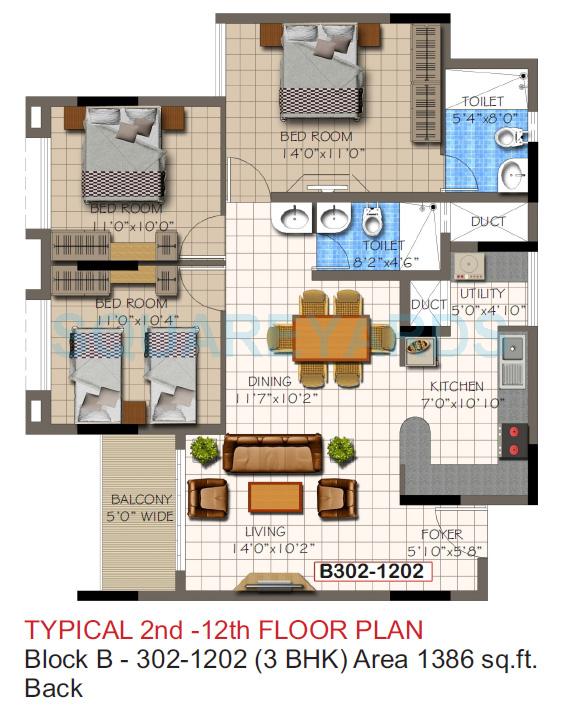 Floor plan of 3 BHK 1386 Sq. Ft. Apartment in Supertech Micasa, Bangalore