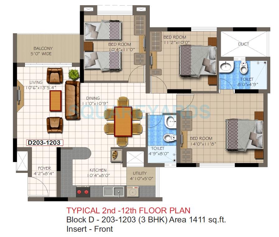 Floor plan of 3 BHK 1411 Sq. Ft. Apartment in Supertech Micasa, Bangalore
