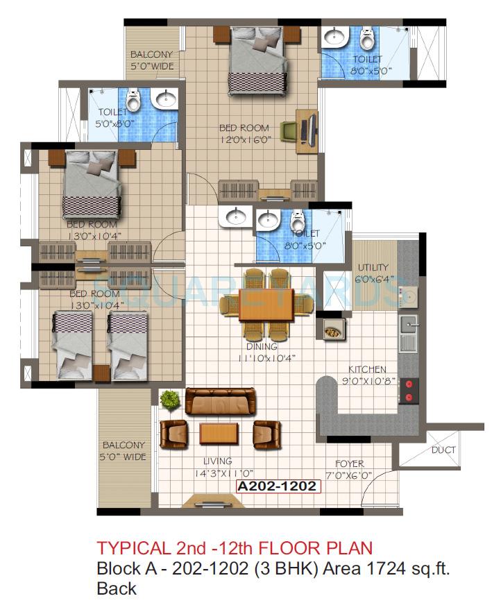 Floor plan of 3 BHK 1724 Sq. Ft. Apartment in Supertech Micasa, Bangalore