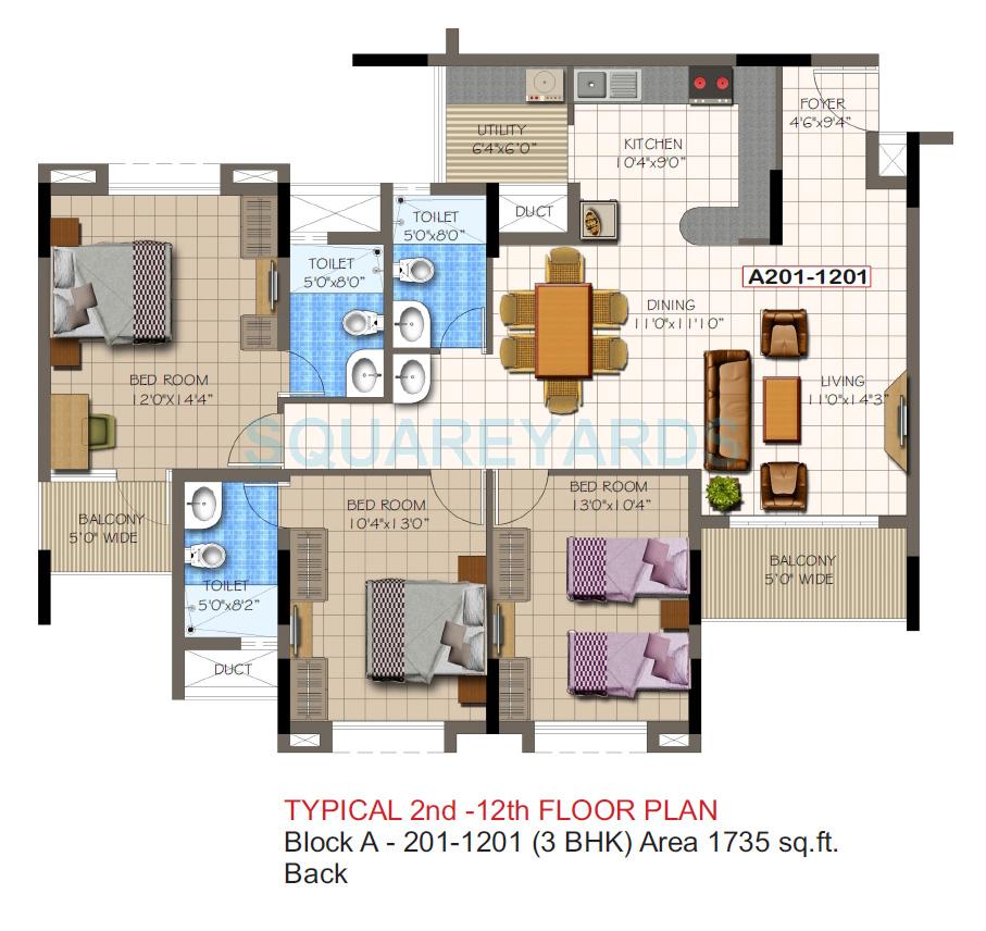 Floor plan of 3 BHK 1735 Sq. Ft. Apartment in Supertech Micasa, Bangalore