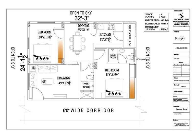 Floor plan of 2 BHK 968 Sq. Ft. Apartment in Suprabhat Shreem Brezee, Bangalore