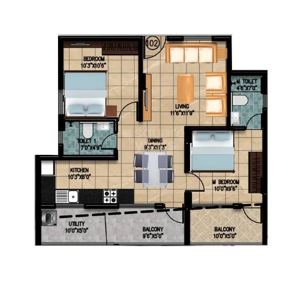Floor plan of 2 BHK 1100 Sq. Ft. Apartment in Supreme Symphony, Bangalore