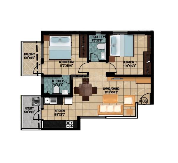 Floor plan of 2 BHK 1190 Sq. Ft. Apartment in Supreme Symphony, Bangalore