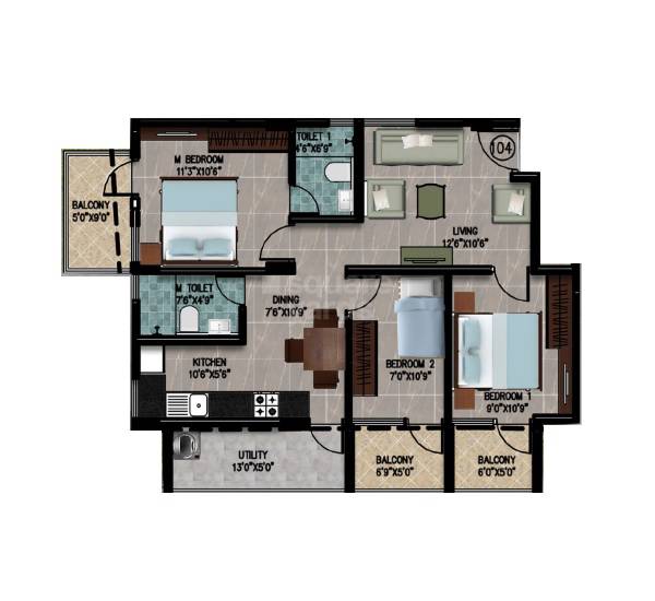 Floor plan of 3 BHK 1205 Sq. Ft. Apartment in Supreme Symphony, Bangalore