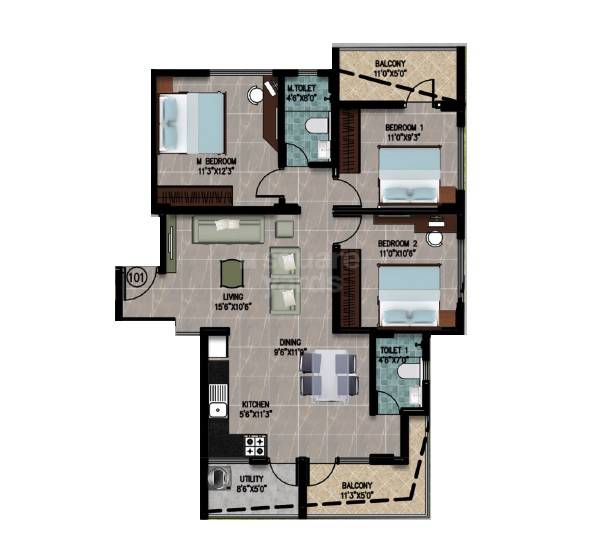 Floor plan of 3 BHK 1350 Sq. Ft. Apartment in Supreme Symphony, Bangalore