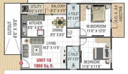 Floor plan of 2 BHK 1060 Sq. Ft. Apartment in Suraksha Silver Oak, Bangalore