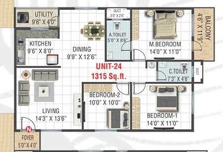 Floor plan of 2 BHK 1315 Sq. Ft. Apartment in Suraksha Silver Oak, Bangalore