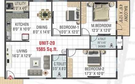 Floor plan of 3 BHK 1585 Sq. Ft. Apartment in Suraksha Silver Oak, Bangalore