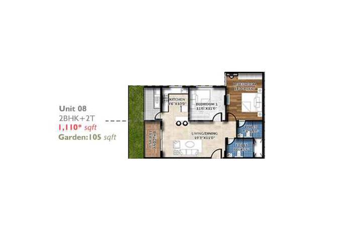 Floor plan of 2 BHK 1110 Sq. Ft. Apartment in Suraksha Springs, Bangalore