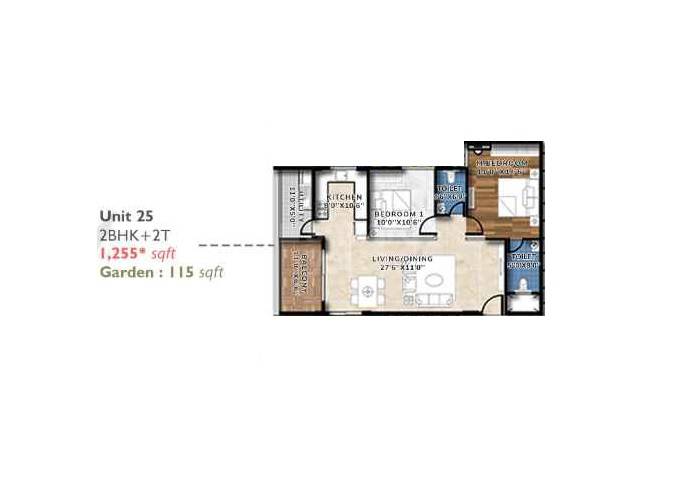 Floor plan of 2 BHK 1255 Sq. Ft. Apartment in Suraksha Springs, Bangalore
