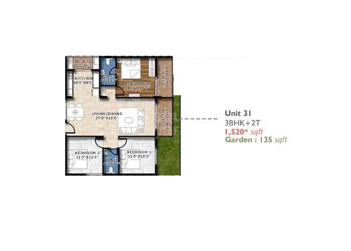 Floor plan of 3 BHK 1520 Sq. Ft. Apartment in Suraksha Springs, Bangalore