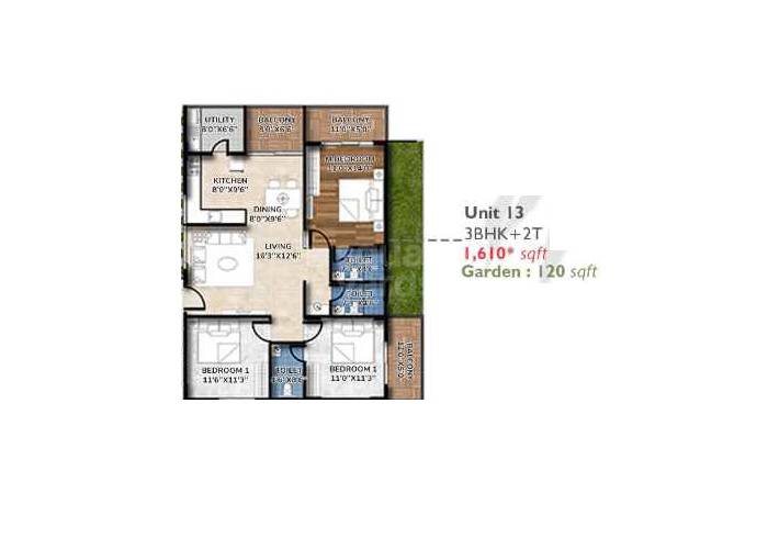 Floor plan of 3 BHK 1610 Sq. Ft. Apartment in Suraksha Springs, Bangalore