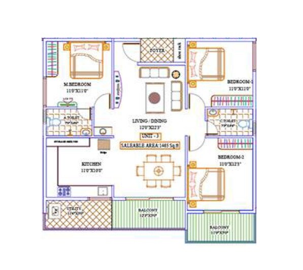 Floor plan of 3 BHK 1485 Sq. Ft. Apartment in Suraksha Sunrise Park, Bangalore