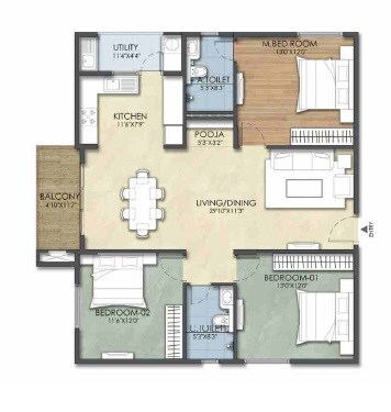 Floor plan of 3 BHK 1458 Sq. Ft. Apartment in Suraksha Tranquil Gardens, Bangalore