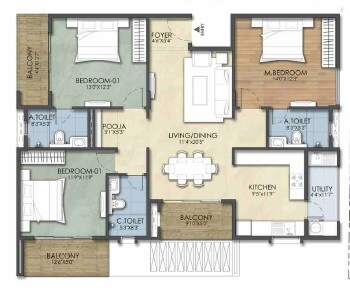 Floor plan of 3 BHK 1713 Sq. Ft. Apartment in Suraksha Tranquil Gardens, Bangalore