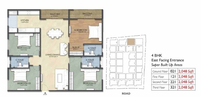 Floor plan of 4 BHK 2048 Sq. Ft. Apartment in Suraksha Tranquil Gardens, Bangalore