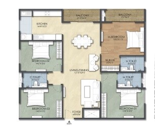 Floor plan of 4 BHK 2079 Sq. Ft. Apartment in Suraksha Tranquil Gardens, Bangalore