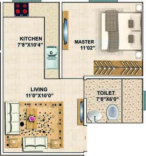 Floor plan of 1 BHK 505 Sq. Ft. Apartment in Surath Snow White Homes, Bangalore