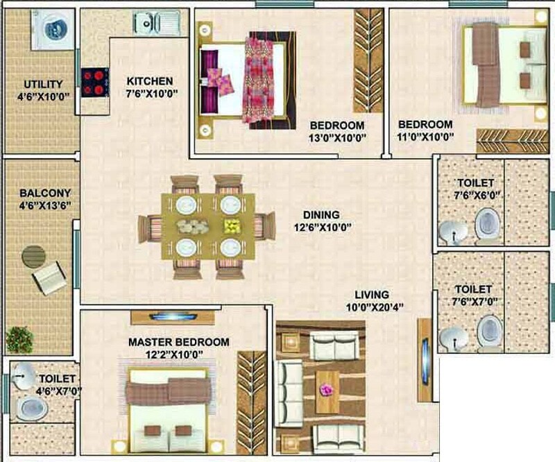 Floor plan of 3 BHK 1432 Sq. Ft. Apartment in Surath Snow White Homes, Bangalore
