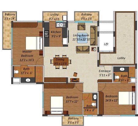 Floor plan of 3 BHK 1269 Sq. Ft. Apartment in Surbacon Aspen, Bangalore