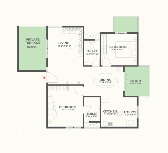 Floor plan of 2 BHK 1195 Sq. Ft. Apartment in Surya Humming Bird, Bangalore