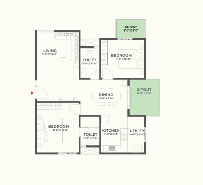 Floor plan of 2 BHK 1410 Sq. Ft. Apartment in Surya Humming Bird, Bangalore