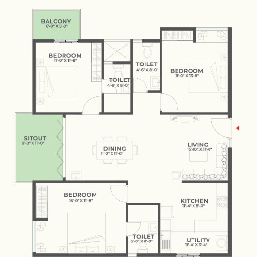 Floor plan of 3 BHK 1650 Sq. Ft. Apartment in Surya Humming Bird, Bangalore