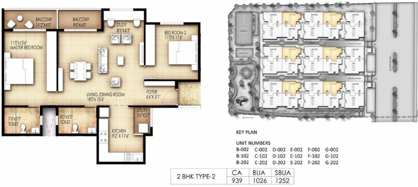 Floor plan of 2 BHK 1252 Sq. Ft. Apartment in Suvastu King George Avenue, Bangalore